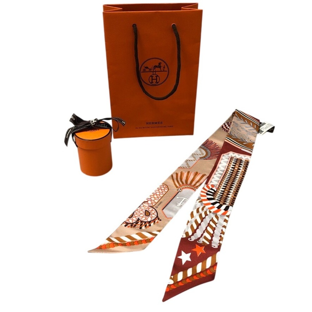 Hermes Twilly Scarf Womens OS Beige Terracotta Epaulettes de Gala Silk Ribbon